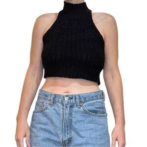 Black Knit Halter Crop Top